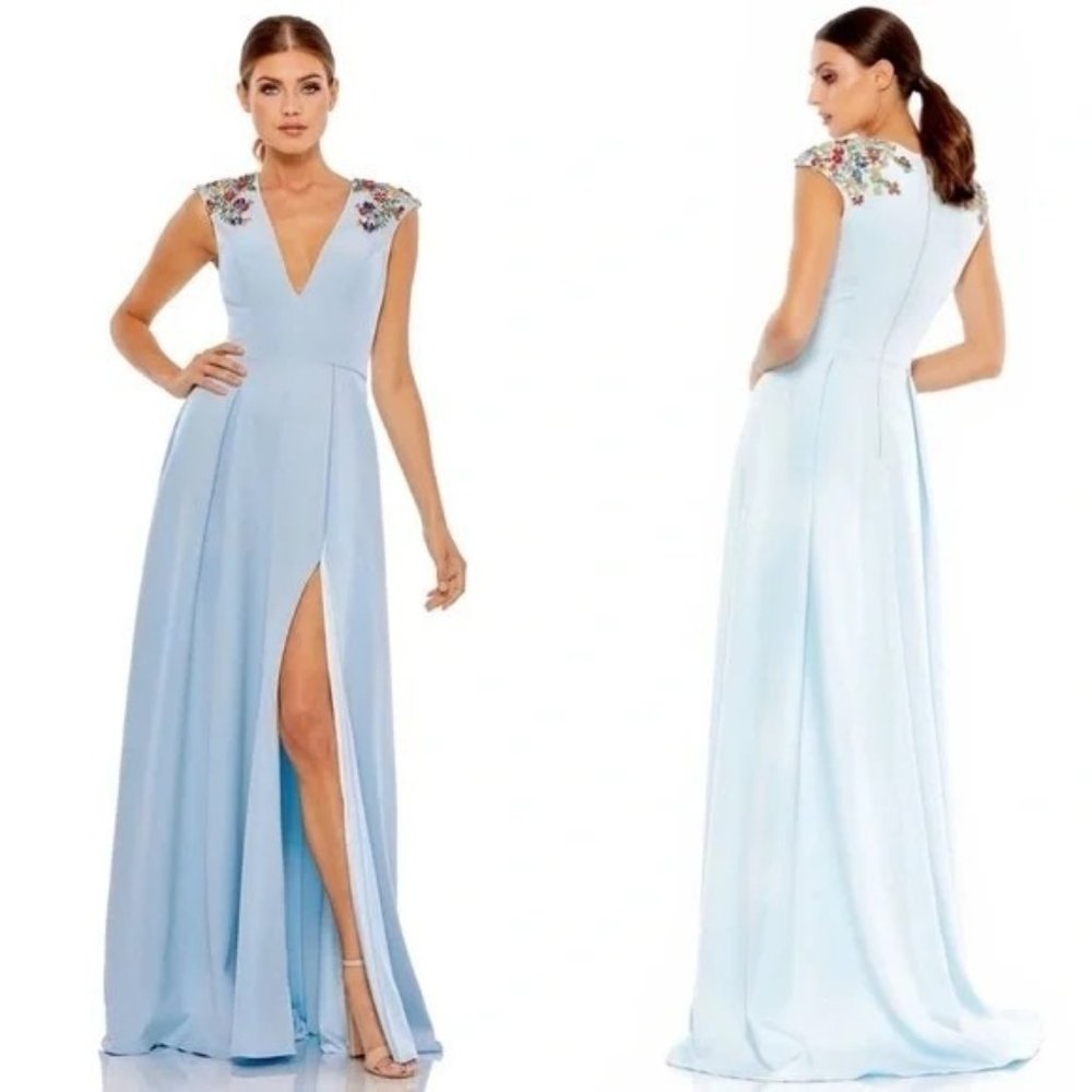 Mac Duggal French Blue Floral Beaded Shoulder Sleeveless floral Gown Size 6